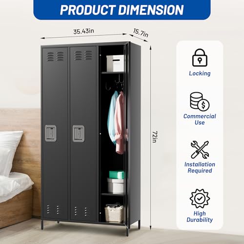 9 Door Metal Storage Cabinet with 27 Hooks and 9 Shelves, Black R540