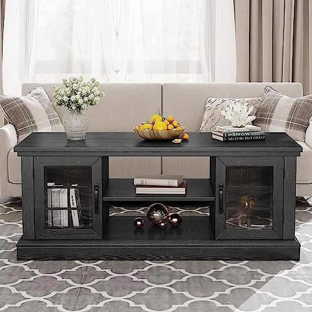Farmhouse Coffee Table with Glass Door 47" Rustic 2 Shelves Black V3186