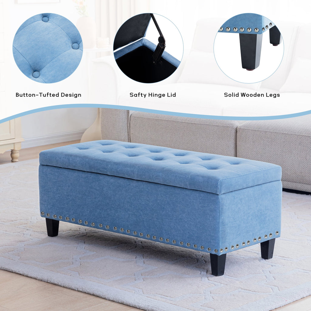 Light Blue Linen Fabric Storage Ottoman Bench K48172