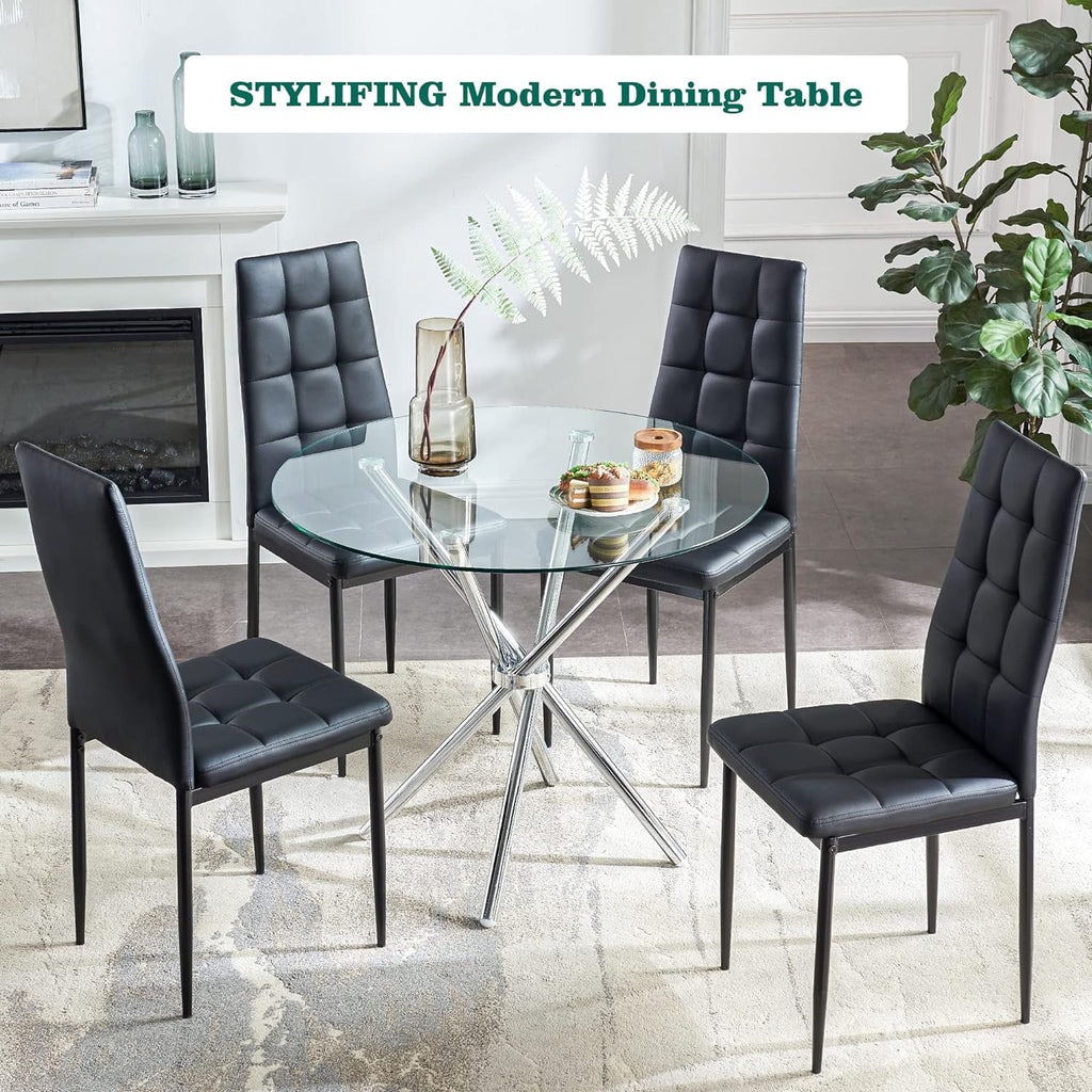 Round Glass Dining Table with Tempered Glass Top and Chrome Plated Metal Legs U374