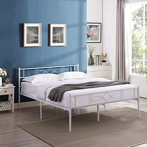 14" Full Size White Metal Platform Bed Frame with Headboard K667