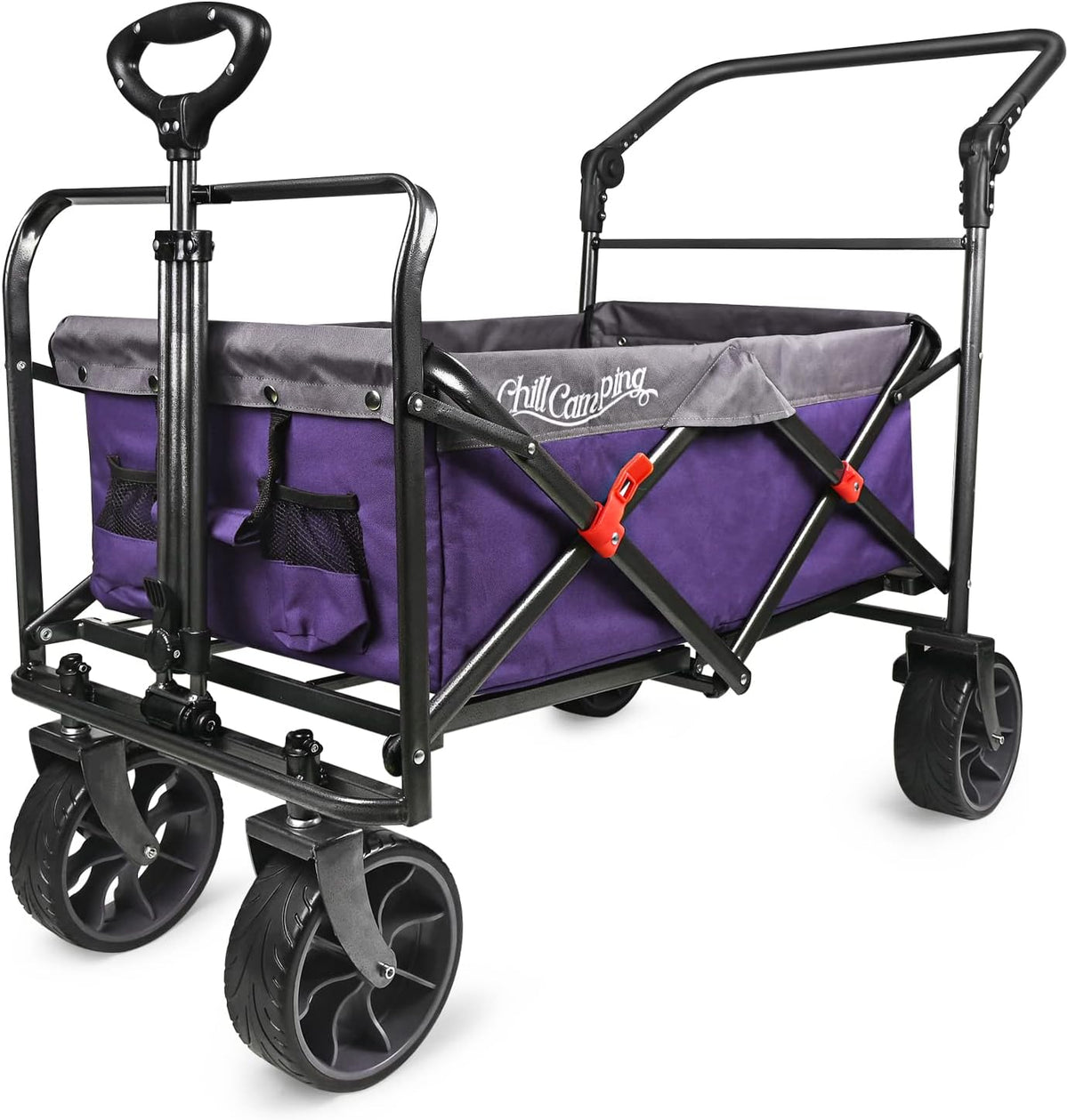 Collapsible Folding Beach Wagon Cart with Big Rubber Wheels and Brake, Purple Z75956