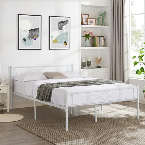 14" Full Size White Metal Platform Bed Frame with Headboard K667