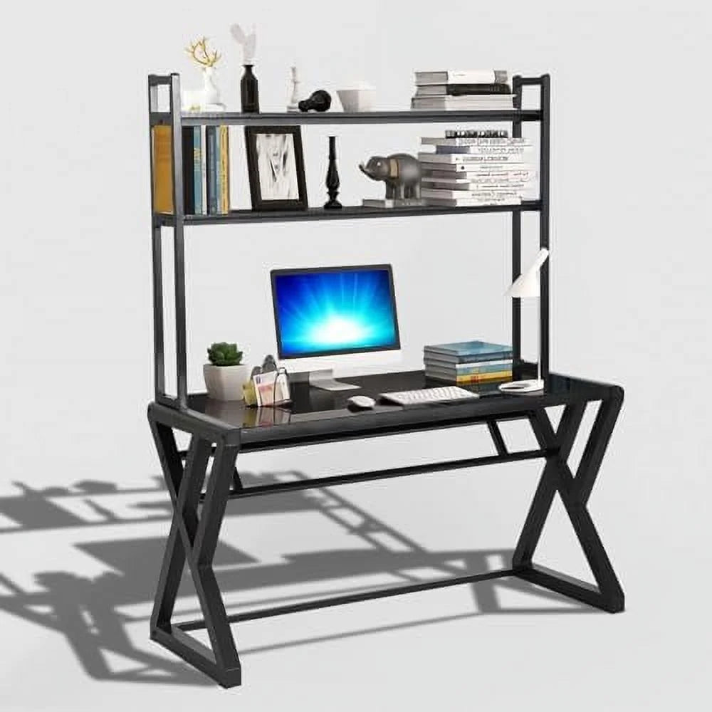 White Glass Top Metal Frame Computer Desk with 2 Tiers Shelves V572256