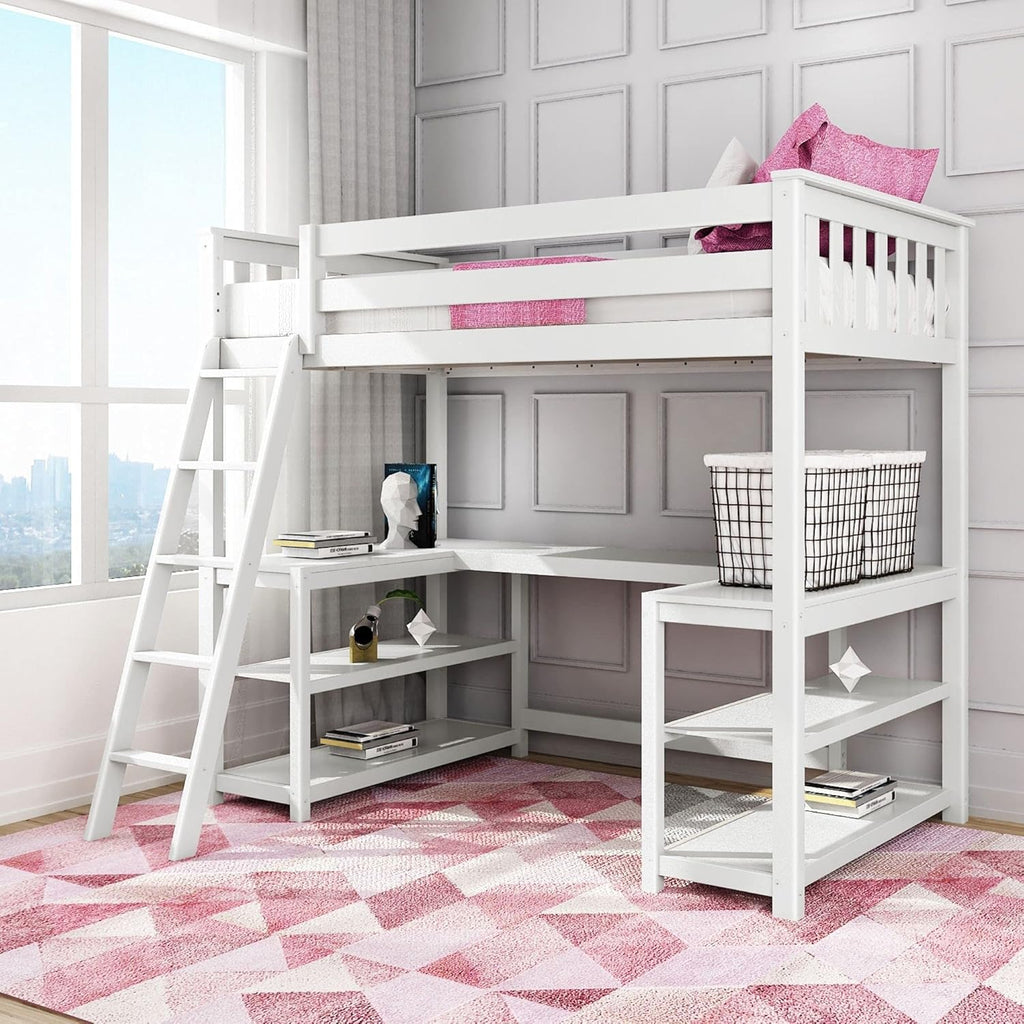 Solid Wood Twin-Size High Loft Bed with Bookcase and Desk Grey V817625