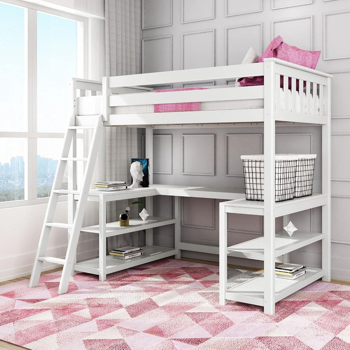 Solid Wood Twin-Size High Loft Bed with Bookcase and Desk Grey V817625