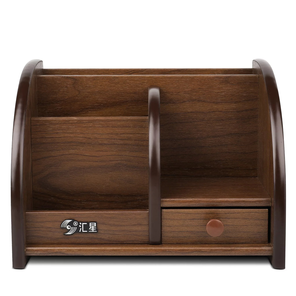 Wooden Remote Control Holder Caddy Desktop Organizer with Drawers Cherry Brown Q87299