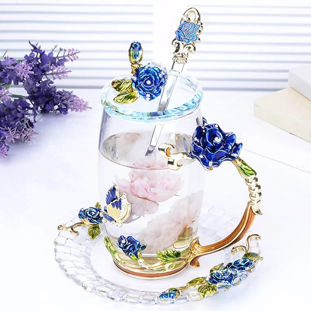 Blue Glass Tea Cup with Lid Coaster Spoon 18oz M1692