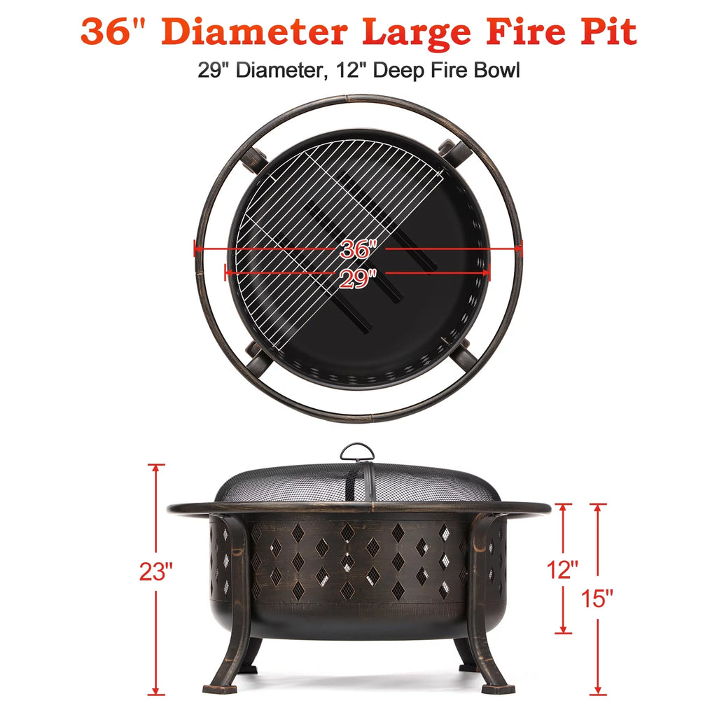 36 inch Wood Burning Fire Pit with Cooking Grill Grate F4861