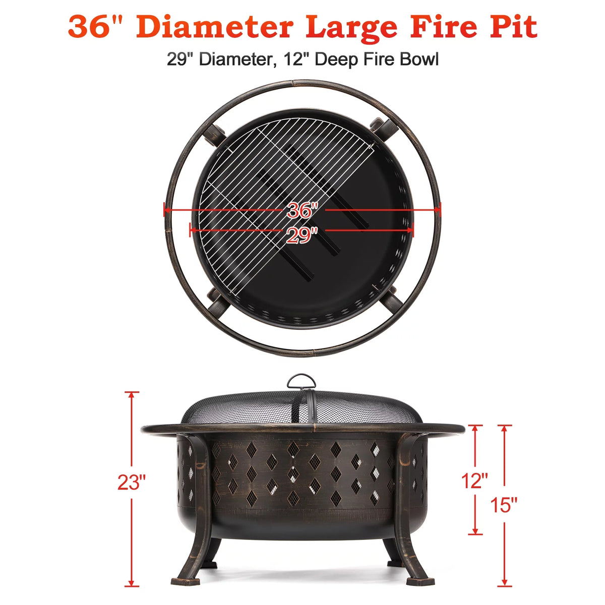 36 inch Wood Burning Fire Pit with Cooking Grill Grate F4861