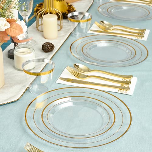 Clear 350 Count Plastic Dinnerware Set with Gold Rim N428
