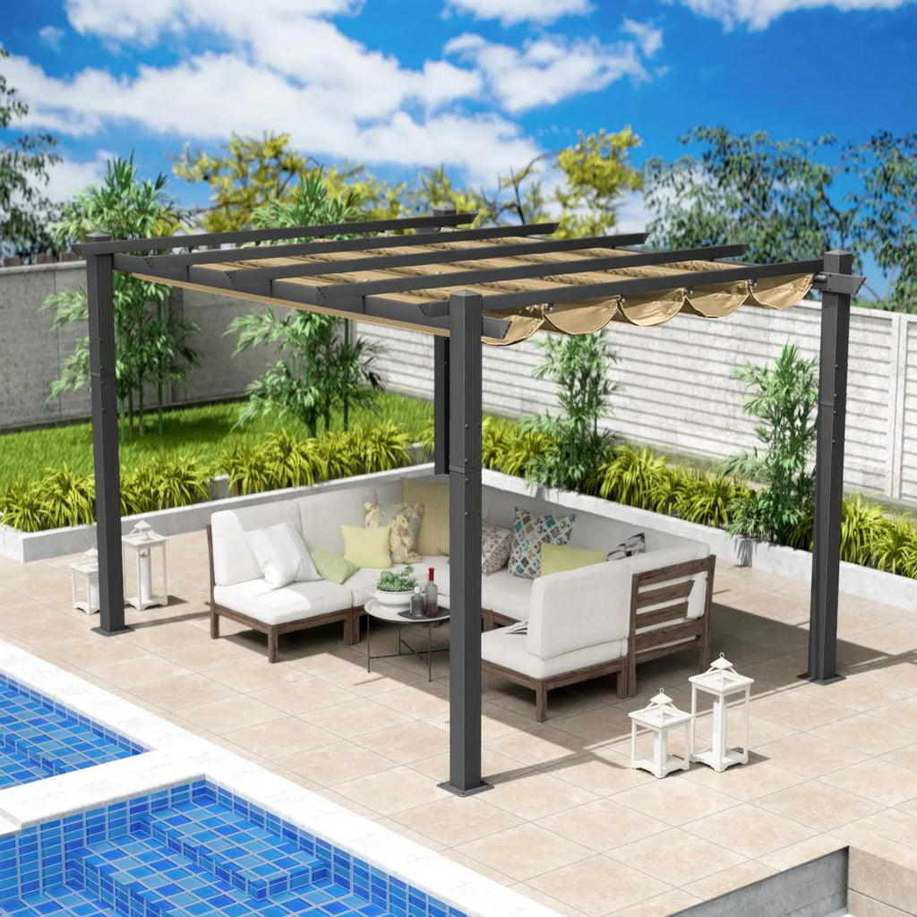 Extra-Large Gray Aluminum Frame Pergola with Sunshade Canopy 10'x12' Beige S834