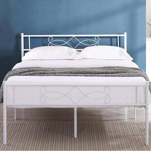 14" Full Size White Metal Platform Bed Frame with Headboard K667