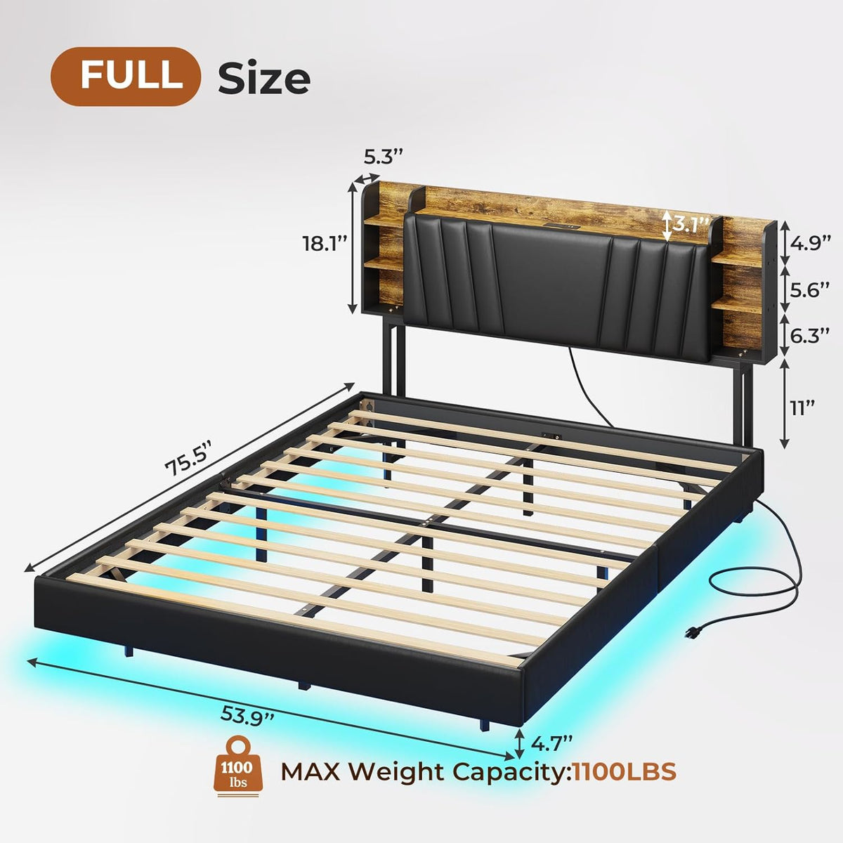Full Floating Bed Frame with Charging Station, Black Q99706