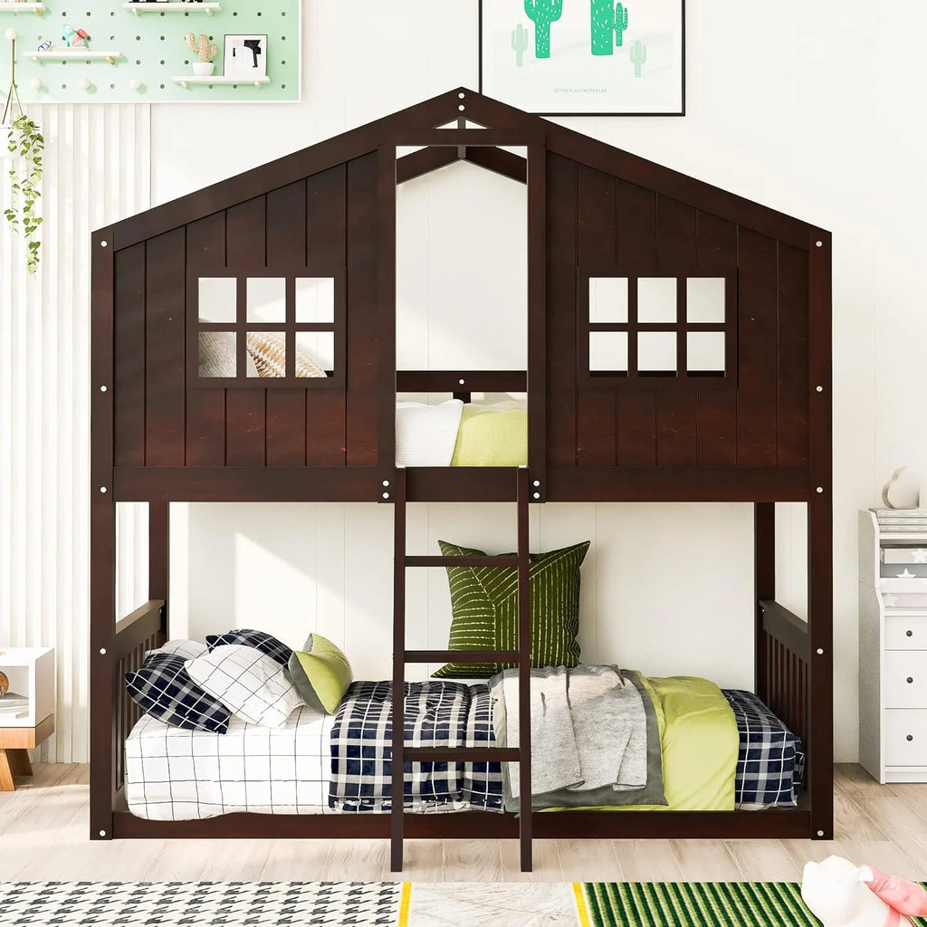 Espresso Wood House Bed with Ladder and Guard Rail Y218