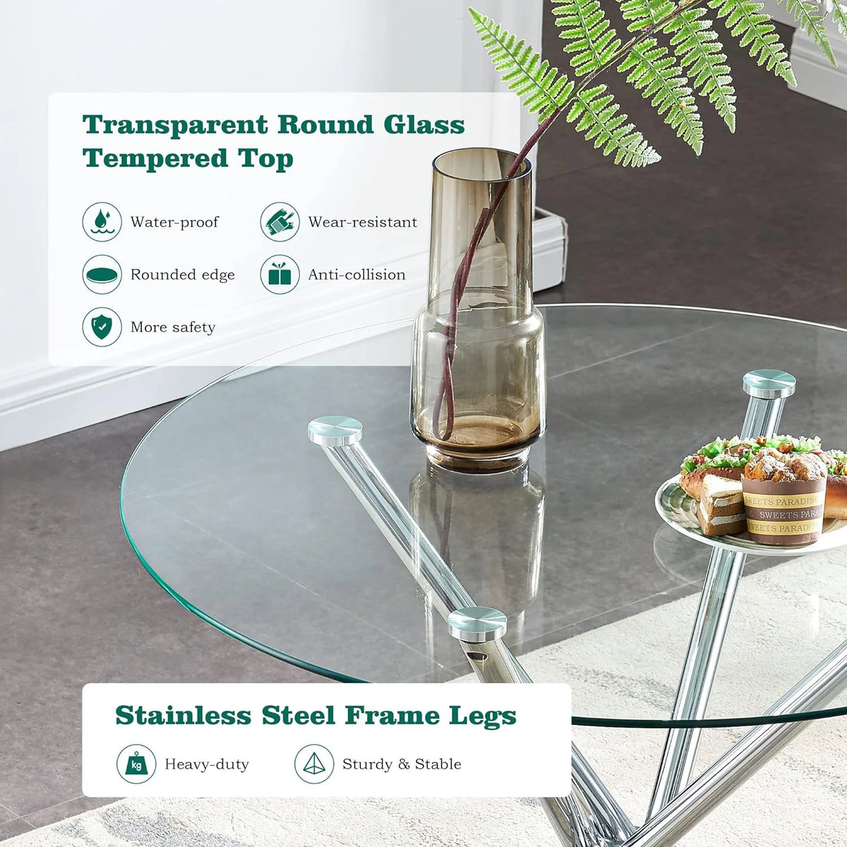 Round Glass Dining Table with Tempered Glass Top and Chrome Plated Metal Legs U374