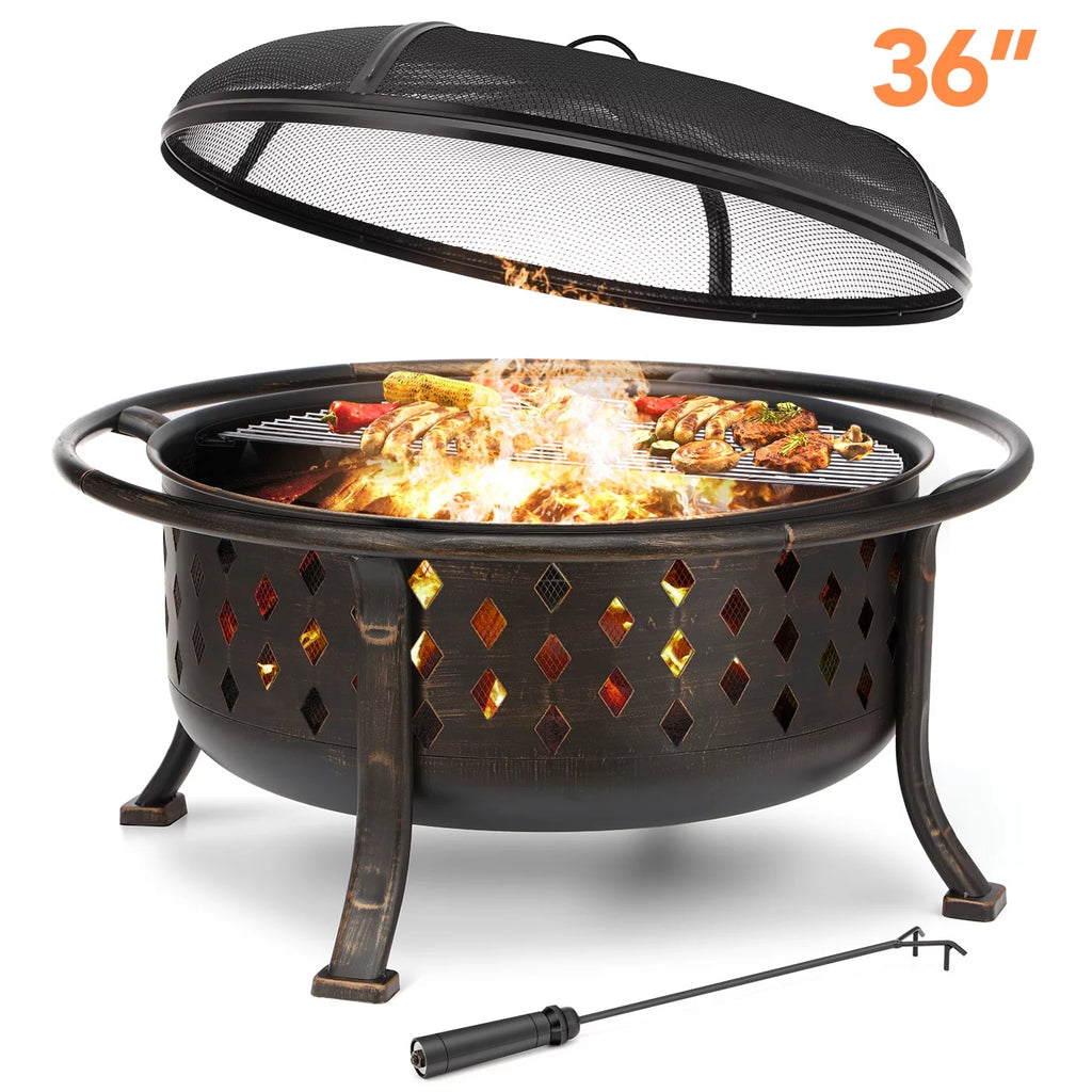 36 inch Wood Burning Fire Pit with Cooking Grill Grate F4861