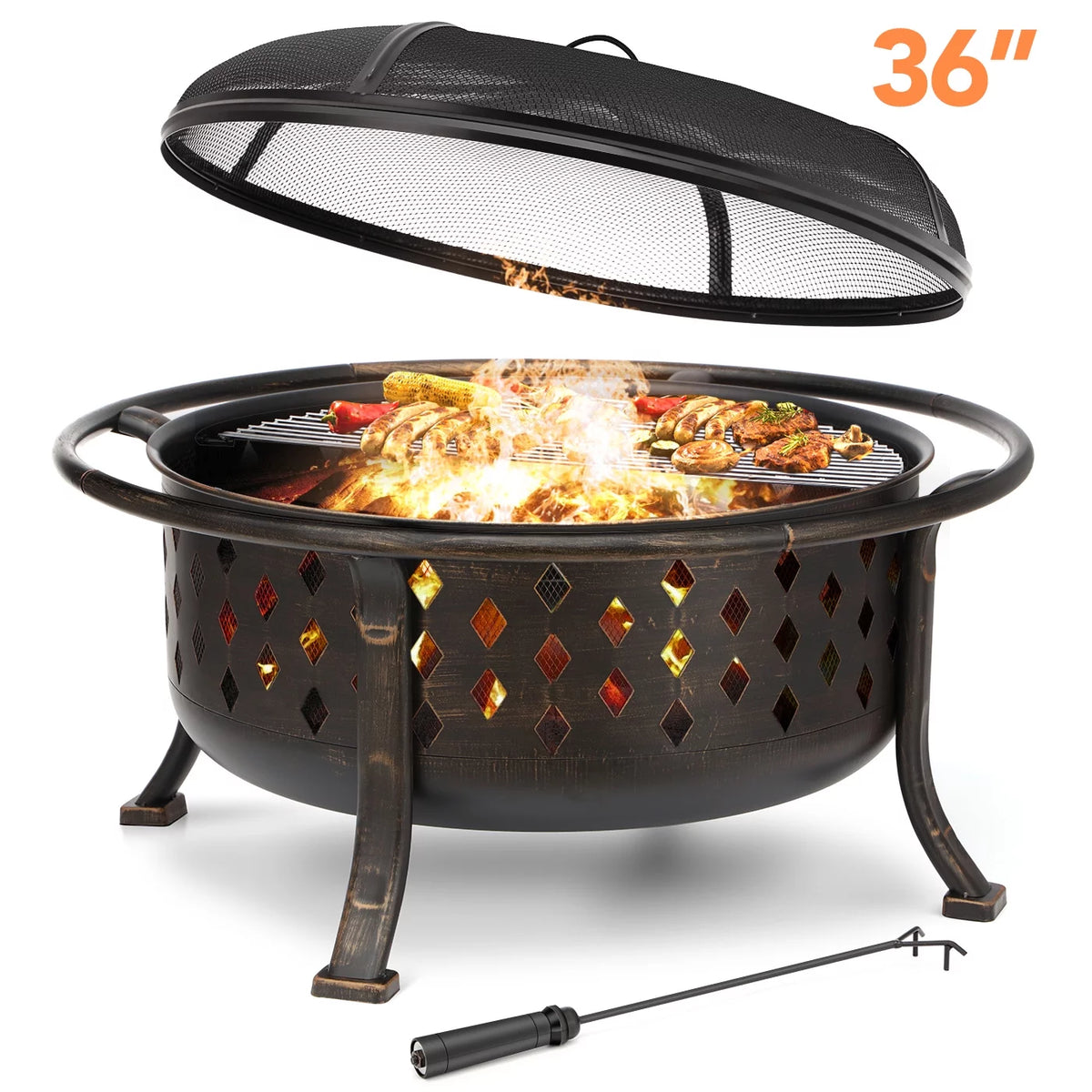 36 inch Wood Burning Fire Pit with Cooking Grill Grate F4861