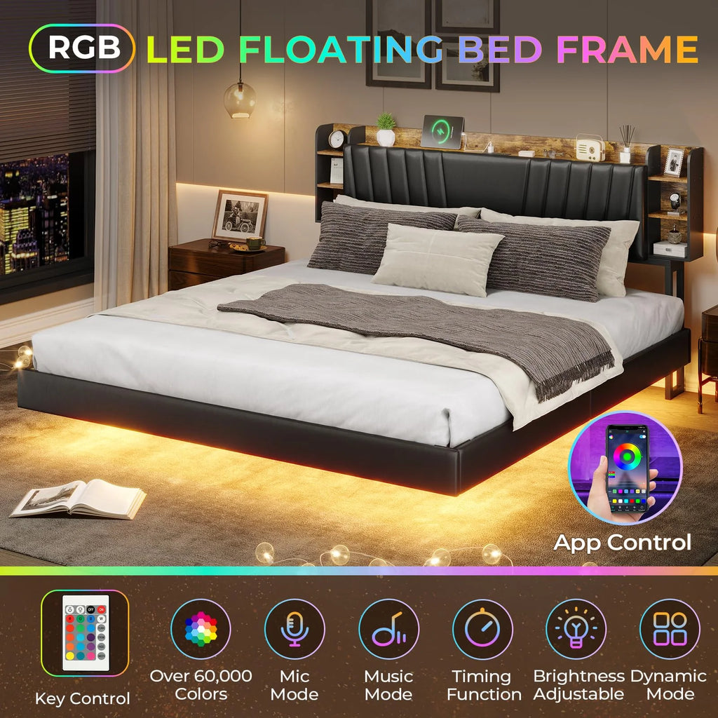 Full Floating Bed Frame with Charging Station, Black Q99706
