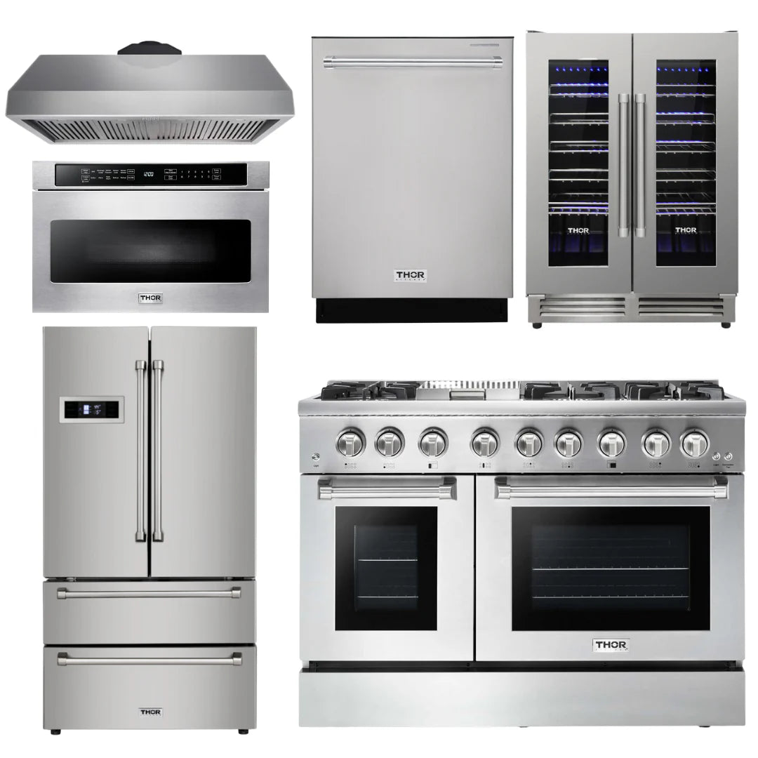 48 Propane Dual Fuel Range, Range Hood, Refrigerator, Dishwasher, Microwave, Wine Cooler N2639