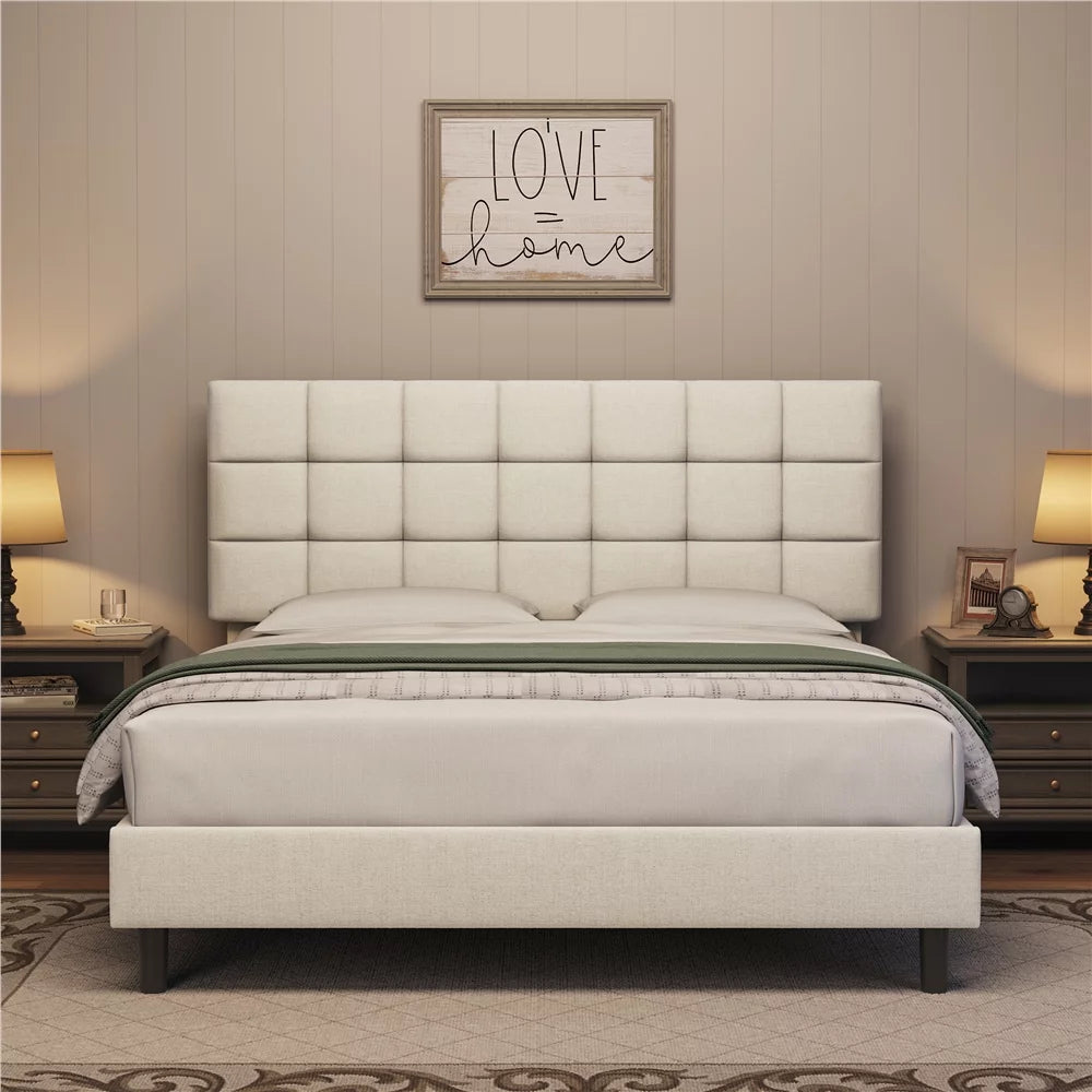 Queen Size Beige Upholstered Platform Bed W253
