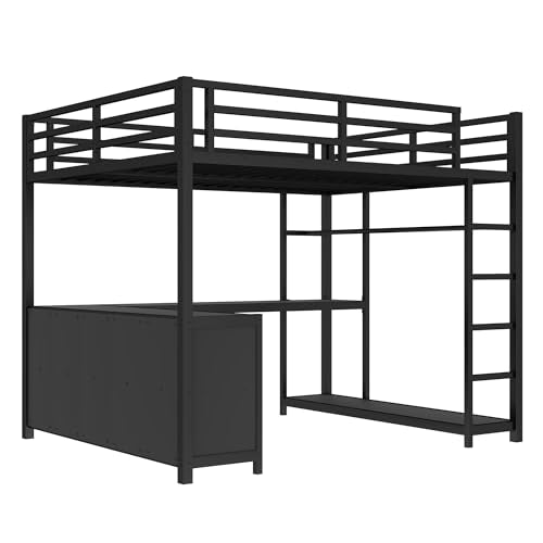 Queen Metal Loft Bed with Wardrobe, Desk and Shelves G928