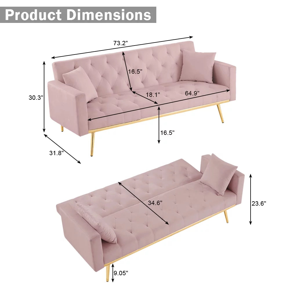 Pink Velvet Convertible Sofa Bed with 2 Pillows V641