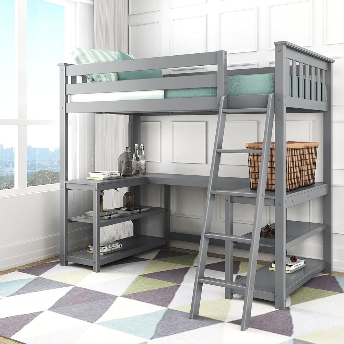 Solid Wood Twin-Size High Loft Bed with Bookcase and Desk Grey V817625