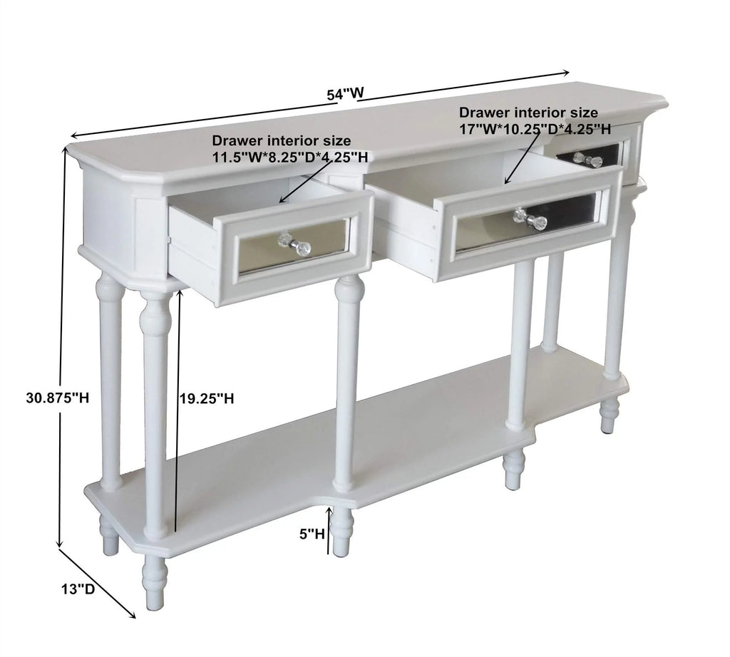 White Console Table with Mirrored Storage Drawers and Lower Shelf W74238