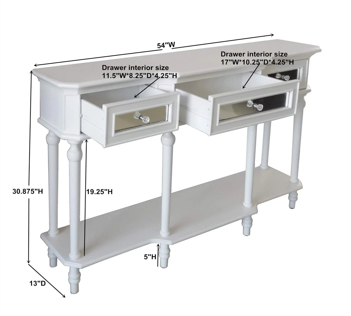 White Console Table with Mirrored Storage Drawers and Lower Shelf W74238