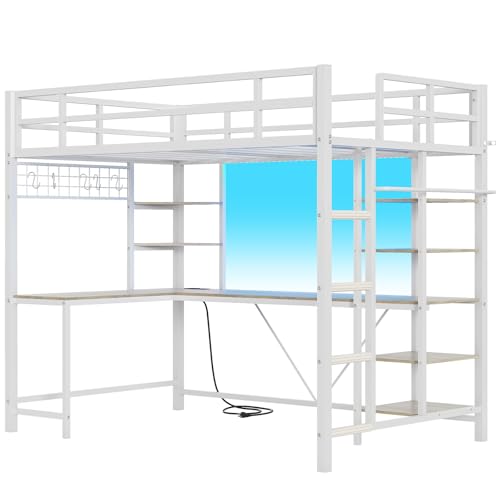 Twin Size Black Metal Loft Bed with Desk and Storage Shelves D52000