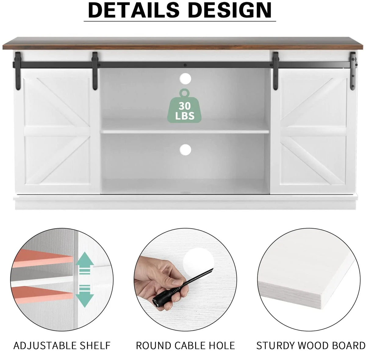 White 58 Inch TV Stand with Sliding Barn Doors W323