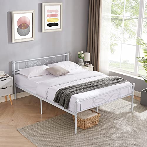 14" Full Size White Metal Platform Bed Frame with Headboard K667