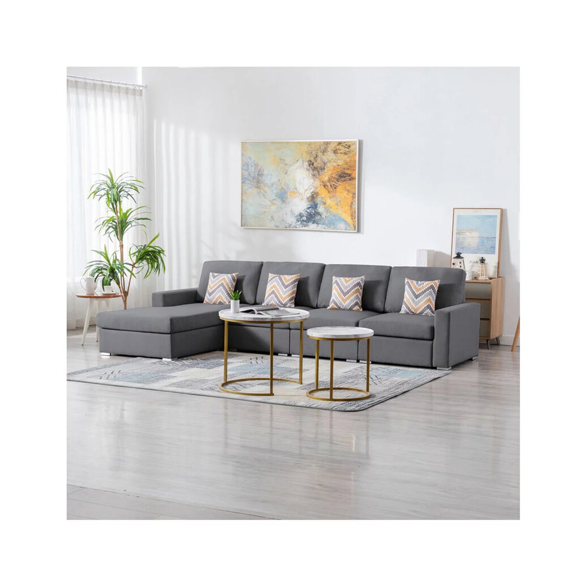 Gray Linen Fabric 4Pc Reversible Sectional Sofa Chaise U9045