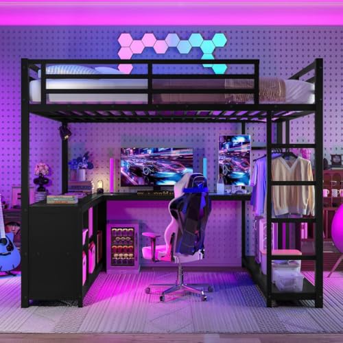 Queen Metal Loft Bed with Wardrobe, Desk and Shelves G928