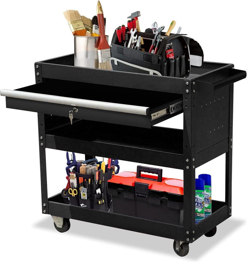3-Tier Metal Tool Cart with Drawer and Lock T99590