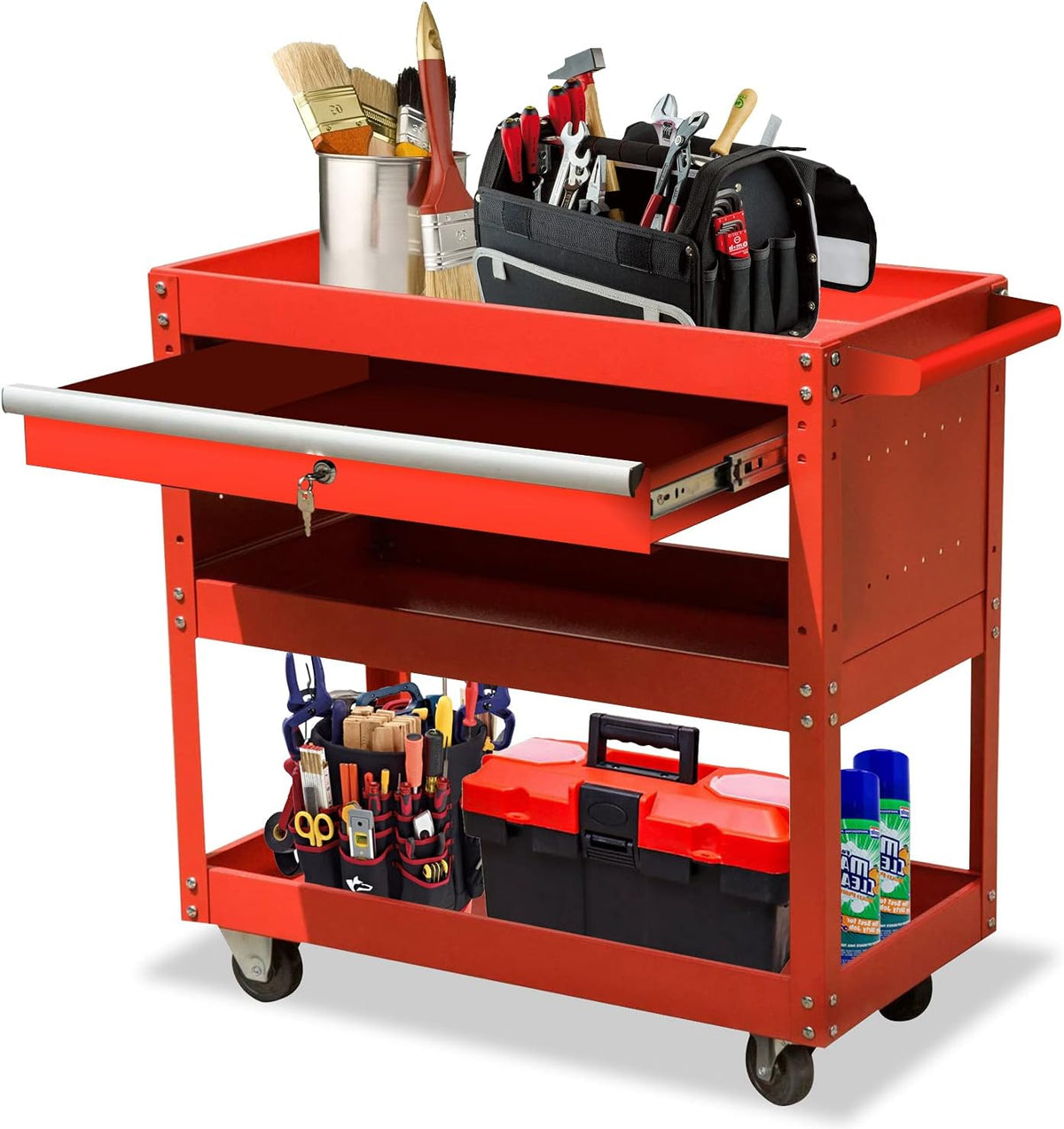 3-Tier Metal Tool Cart with Drawer and Lock T99590
