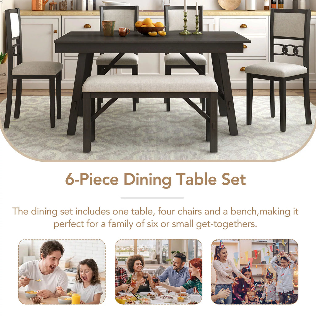 6 Piece Espresso Wooden Dining Table Set with Bench and 4 Upholstered Chairs J5725