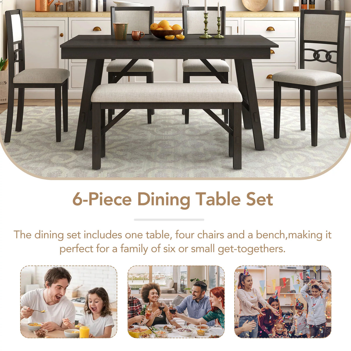 6 Piece Espresso Wooden Dining Table Set with Bench and 4 Upholstered Chairs J5725