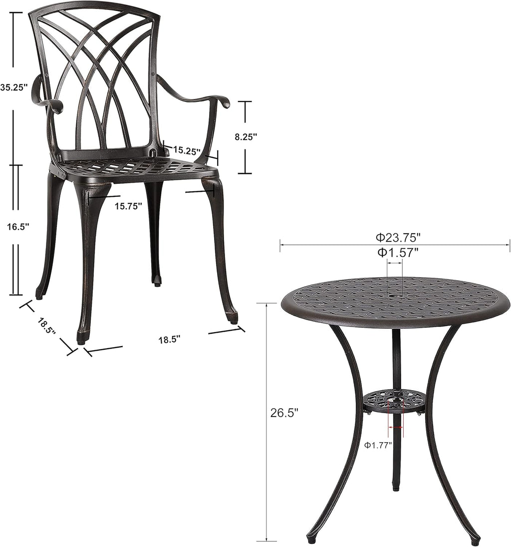 3 Piece Cast Aluminum Patio Bistro Set with Umbrella Hole U62789