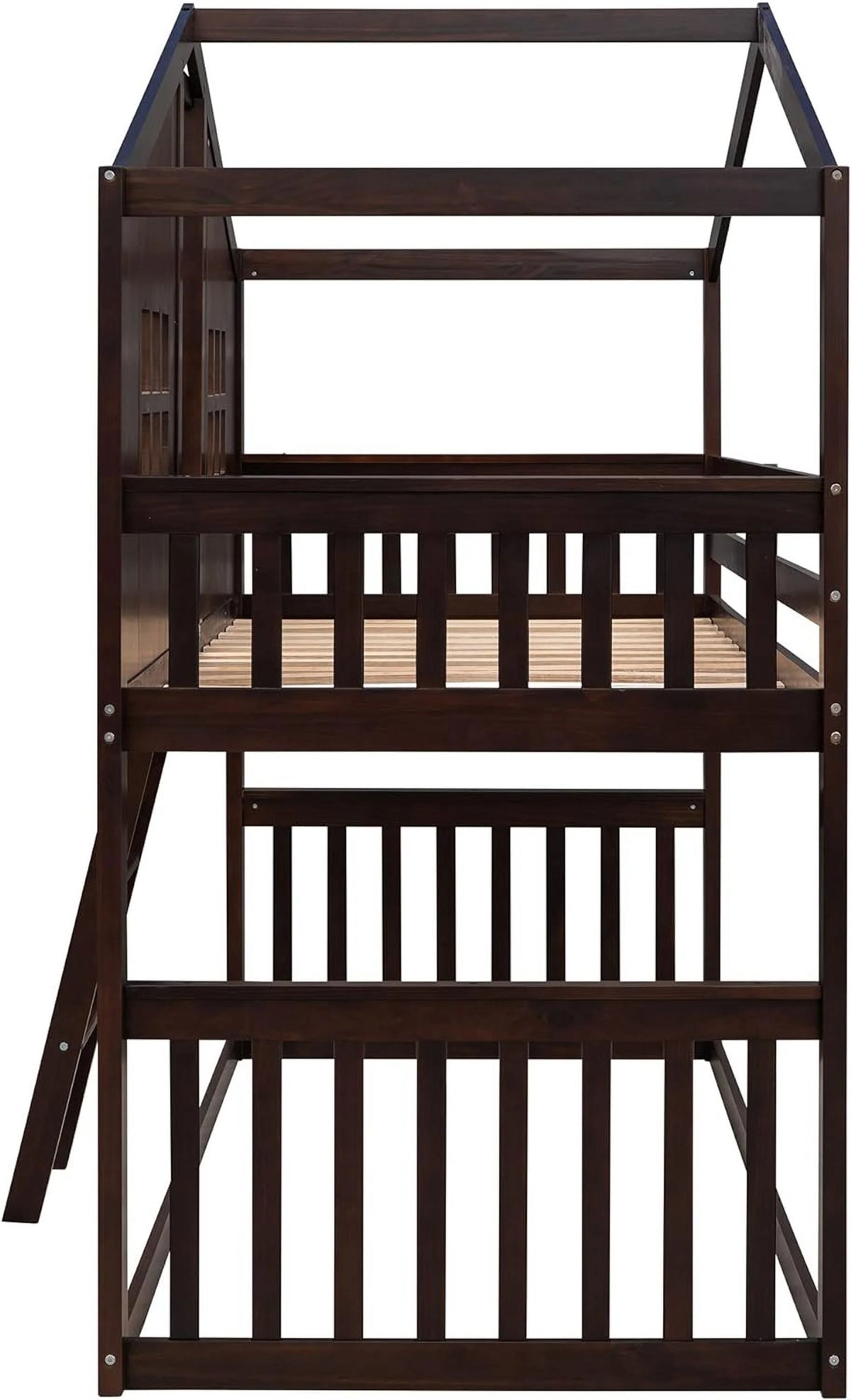 Espresso Wood House Bed with Ladder and Guard Rail Y218