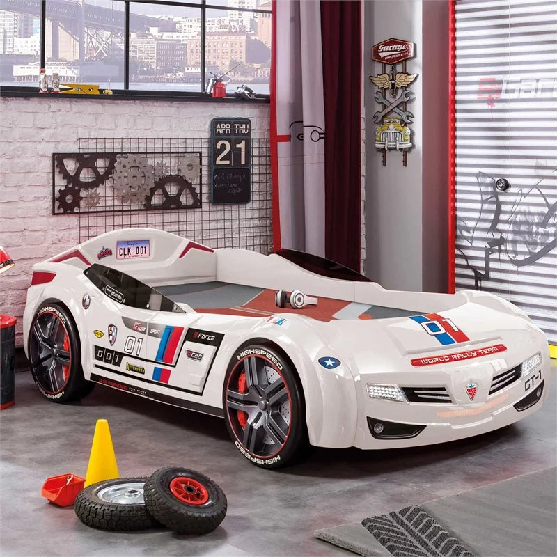 White Wood Twin Race Car Bed I560030