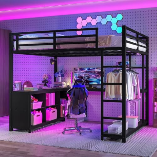 Queen Metal Loft Bed with Wardrobe, Desk and Shelves G928