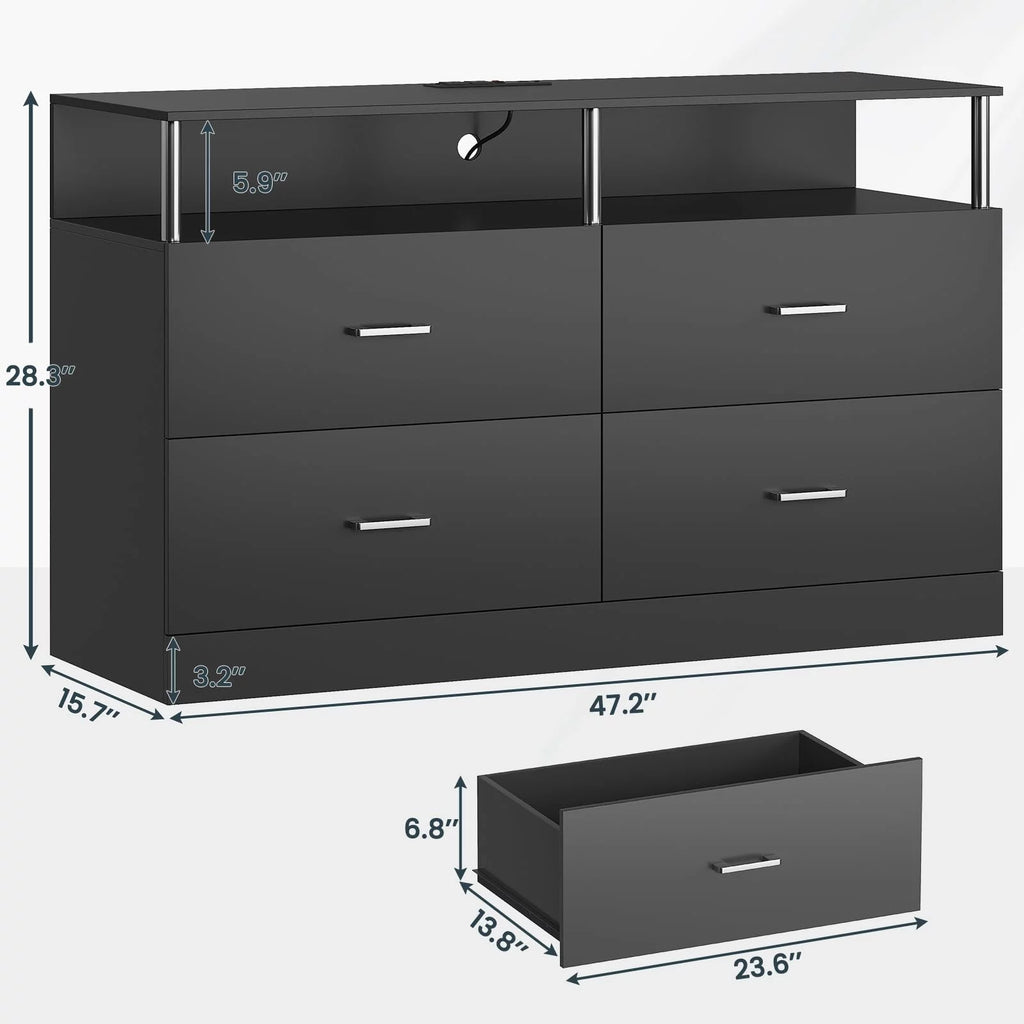 Black 4 Drawer Dresser with LED Lights & Charging Station T7015