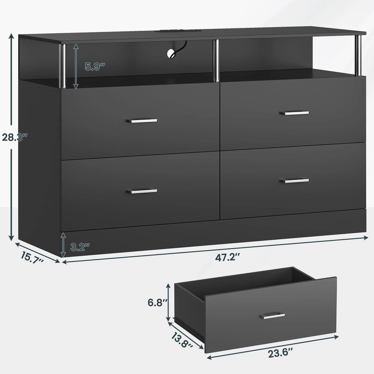 Black 4 Drawer Dresser with LED Lights & Charging Station T7015