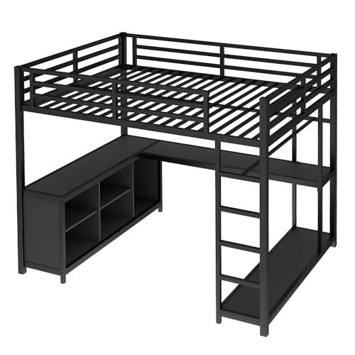 Queen Metal Loft Bed with Wardrobe, Desk and Shelves G928