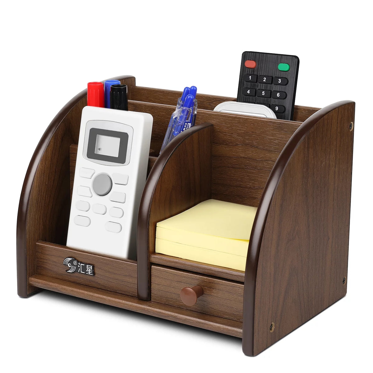Wooden Remote Control Holder Caddy Desktop Organizer with Drawers Cherry Brown Q87299