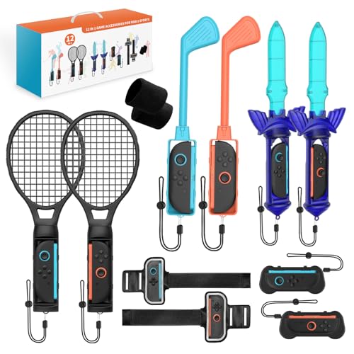 Switch Sports Games Accessories Bundle, 10 in 1 Family Party Pack with Tennis Rackets, Golf Clubs, Leg Straps & Joycon Grips R113504