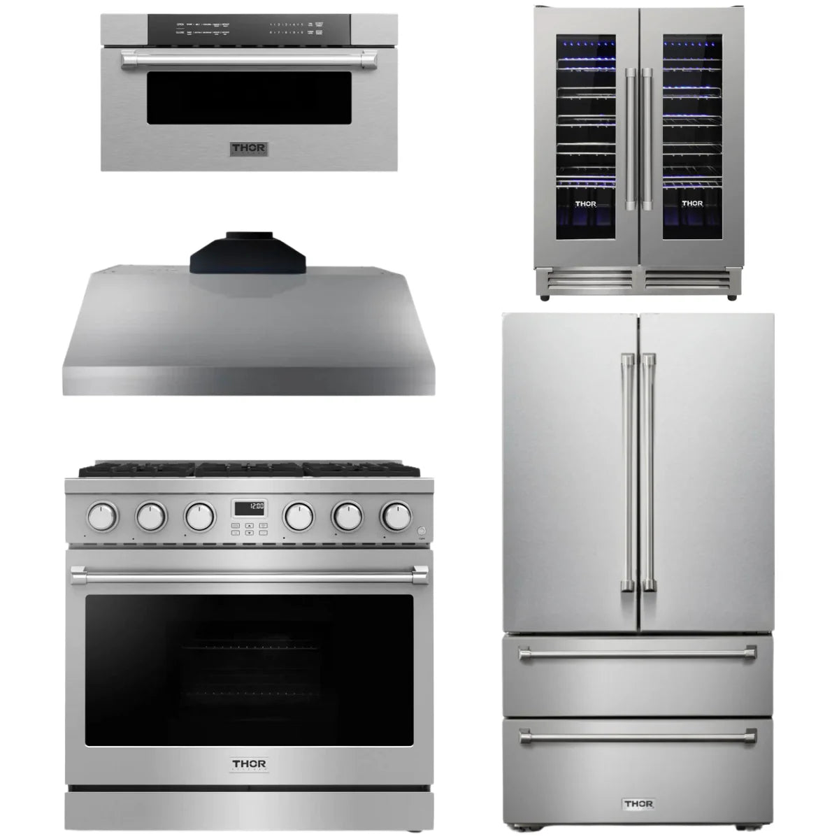 36 Gas Range, Range Hood, Refrigerator, Microwave and Wine Cooler Y556