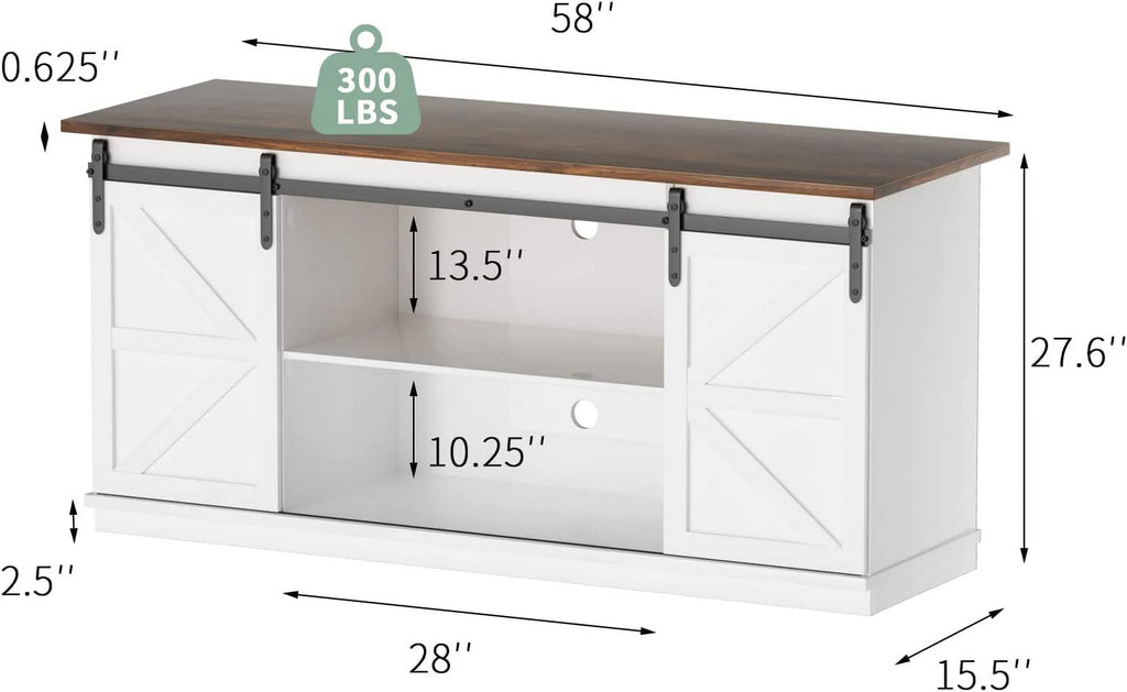 White 58 Inch TV Stand with Sliding Barn Doors W323